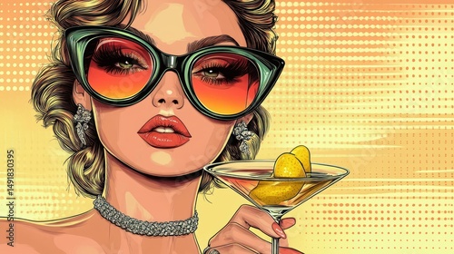 Stylish woman with large sunglasses and glamorous jewelry holding a cocktail glass with lemon twists against a vibrant yellow dot-patterned background