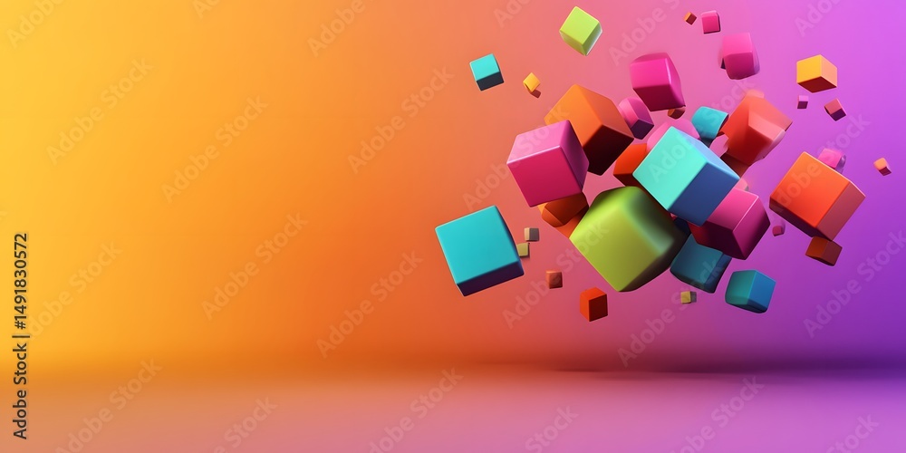Obraz premium Colorful, floating geometric shapes in a vibrant space.