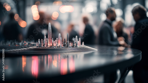 Miniature City Model on Table with Blurred People in Background