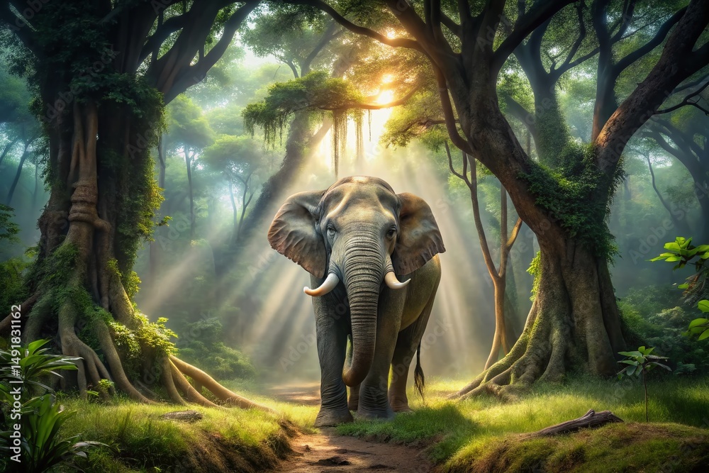 Fototapeta premium Majestic Elephant in Lush Forest - Long Exposure Wildlife Photography