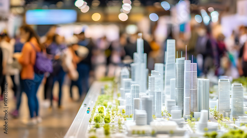 Architectural Model of a City with Blurred Visitors at Exhibition