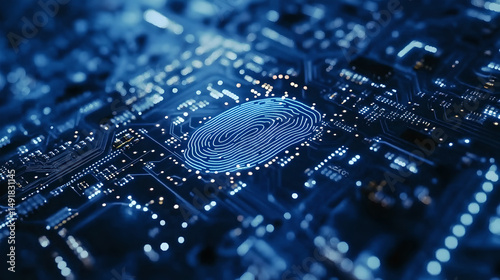 Blue Glowing Fingerprint on a Dark Electronic Circuit Board