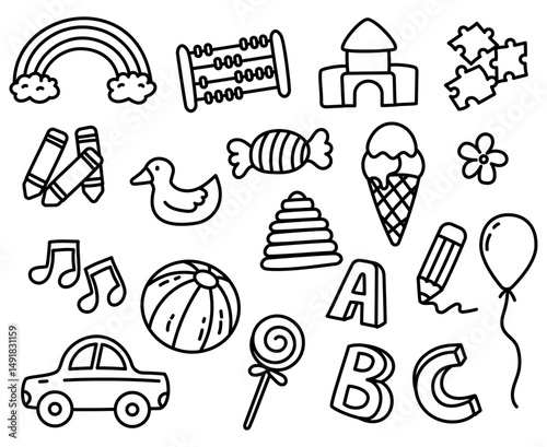 Preschool doodle collection on a white background. Set of preschool doodle elements