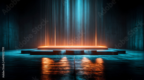 Abstract Stage with Glowing Orange Platform and Blue Light Beams
