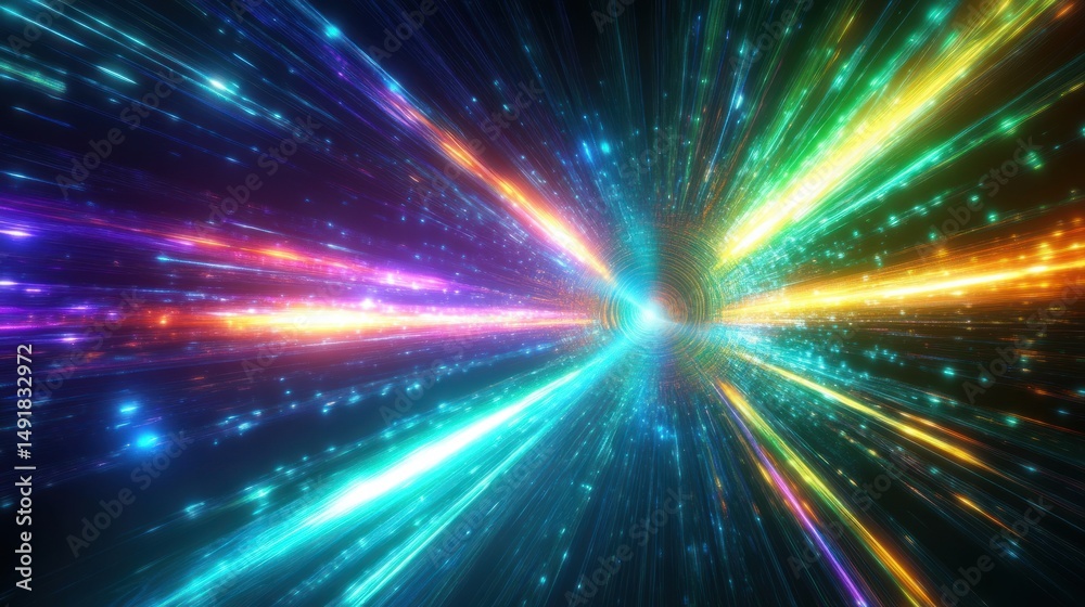 Naklejka premium Bright colorful streaks of light converging towards a central point creating a tunnel-like effect evoking a sense of speed and futuristic motion