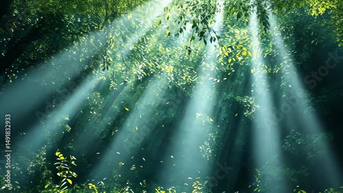 Sunbeams pierce dense forest canopy, illuminating lush green undergrowth and creating a mystical atmosphere
