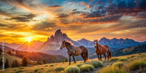 Naklejki na drzwi Majestic Mountain Horses: Breathtaking Landscape with Two Horses at Sunrise