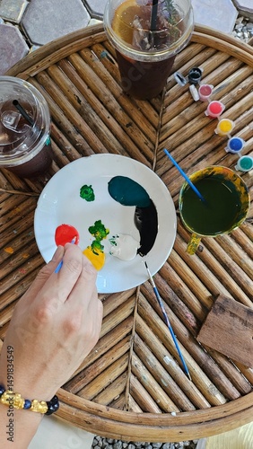 color paint art on white dish for painting art