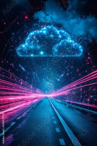 Futuristic digital cloud concept virtual highway graphic art neon environment aerial view technology integration