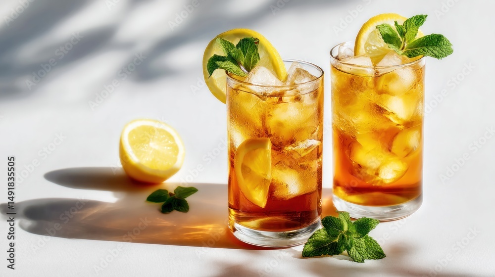 Fototapeta premium Refreshing iced tea, garnished with lemon and mint