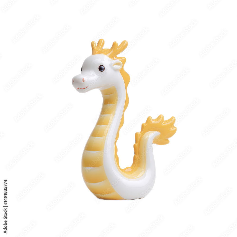 Naklejka premium Adorable Yellow and White Ceramic Dragon Figurine Perfect for Children's Rooms or Decor