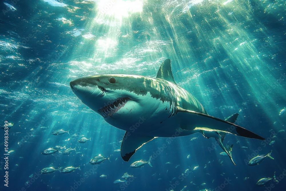 Fototapeta premium Large great white shark swimming underwater surrounded by smaller fish with sun rays penetrating the ocean surface creating a dramatic scene