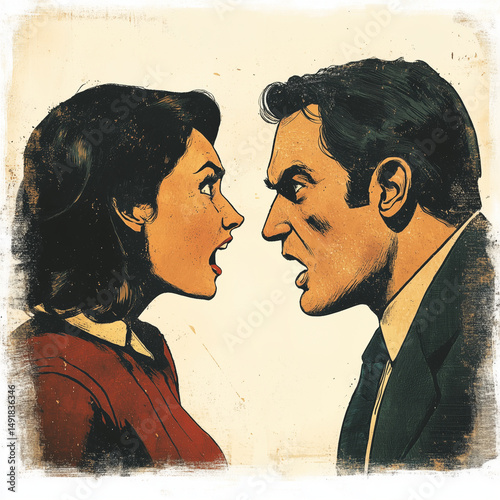 A man and woman are arguing. The man is wearing a suit and tie. The woman is wearing a red dress