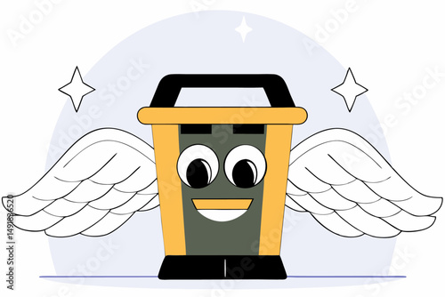 Green Garbage Bin Character with Wings and a Big Smile Promoting Waste Reduction and Sustainability Through a Delightful Cartoon Figure