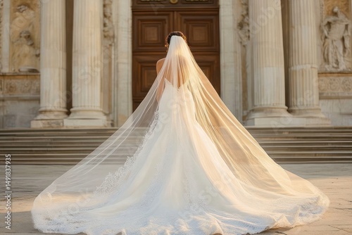 Bride in an elegant white wedding dress with a long flowing veil standing in front of a grand architectural building with large wooden doors and tall columns