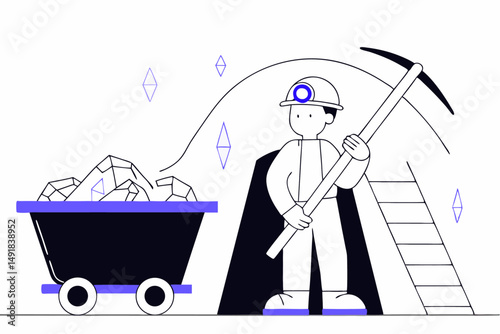 Mining cartoon character design portraying a miner with equipment emphasizing the hard work and dedication in the mining sector