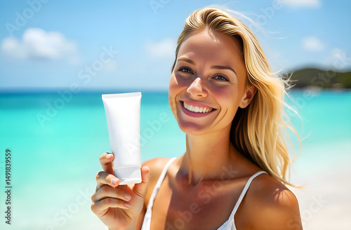 A woman holds a sunscreen with a space for text. Blonde with spf cream in her hands on a sunny beach near the azure sea
