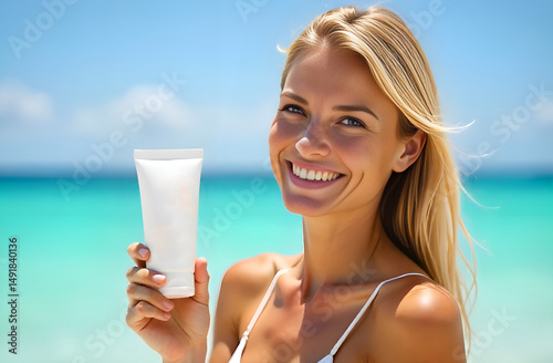 Woman holds a sunscreen with an empty space for text. Blonde with spf cream in her hands on a sunny beach near the azure sea