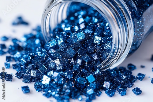 Sparkling blue glitter spilling from jar