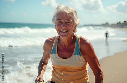 Senior athletic woman with a surfboard on the background of the ocean and waves. A woman surfs in old age. Concept of harmony in old age and an active lifestyle
