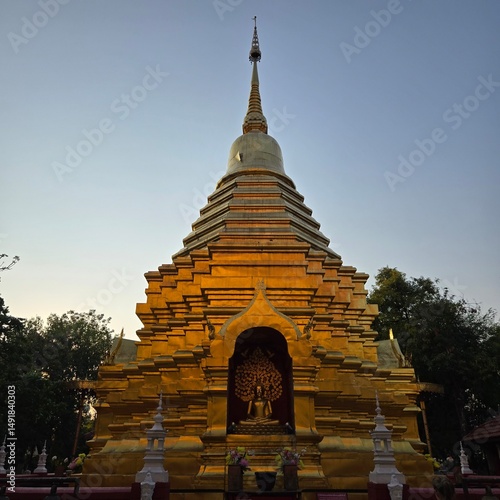 North of Thailand golden pagoda in temple with Buddha. Beautiful archaeological site