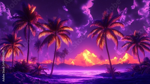 Vibrant purple tropical sunset scene