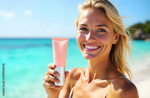 A joyful woman holds a sunscreen with an empty space for text. Blonde with SPF cream on the beach near the sea