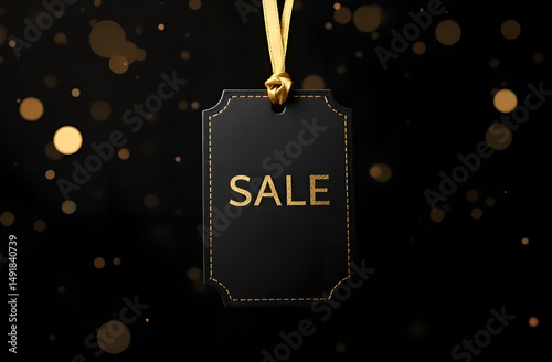 Price tag with gold lettering sale on a black background with gold sequins. The concept of the holiday sales and shopping season