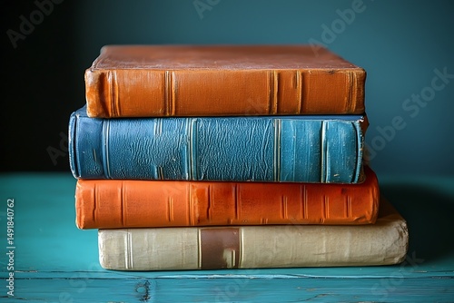 Stack of vintage antique books on teal table