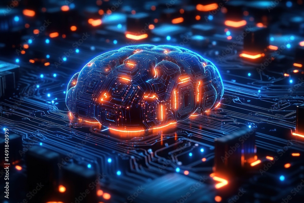 Glowing digital brain made of circuit patterns resting on a futuristic electronic motherboard with bright blue and orange lights Glowing digital brain made of circuit patterns resting on a futuristic electronic motherboard with bright blue and orange lights