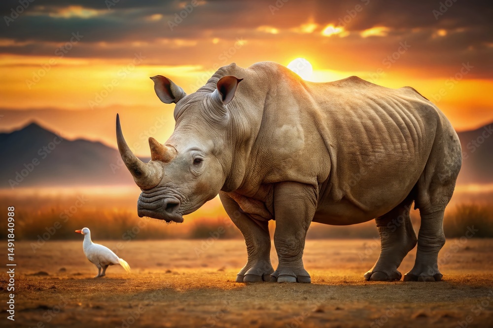 Fototapeta premium Majestic White Rhino with Bird, Square-Lipped Rhinoceros in African Savanna Sunset