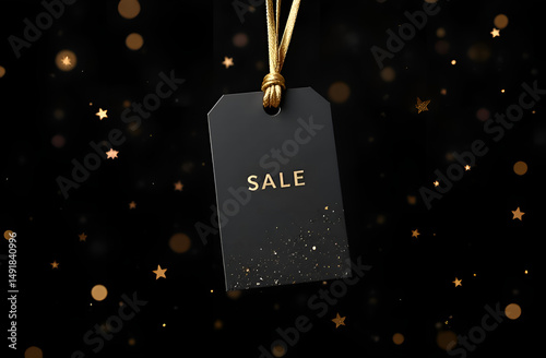 Price tag with gold lettering sale on a black background with gold sequins. The concept of the holiday sales and shopping season