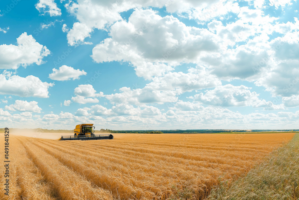 Fototapeta premium Panoramic view at combine harvester working on a wheat field. Harvesting the wheat. Agriculture. Panoramic banner.