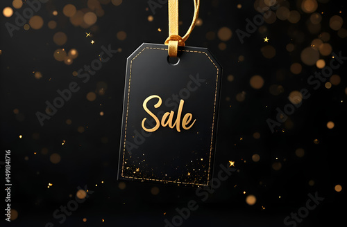 Price tag with gold lettering sale on a black background with gold sequins. The concept of the holiday sales and shopping season