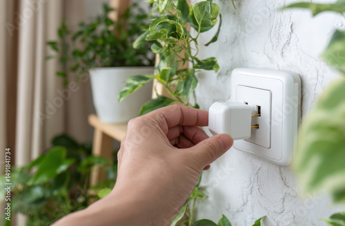 Hand inserting white plug into wall socket surrounded by indoor plants, creating fresh and vibrant atmosphere
