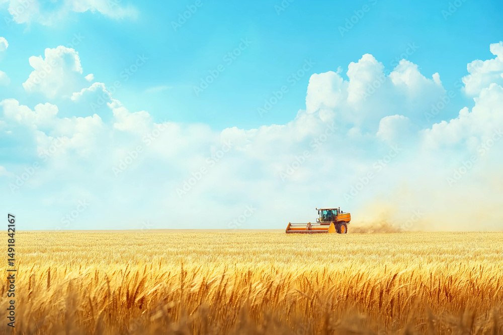 Fototapeta premium Panoramic view at combine harvester working on a wheat field. Harvesting the wheat. Agriculture. Panoramic banner.