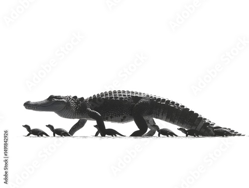 A large alligator leads a line of smaller alligators across a white background in a dramatic wildlife scene. photo