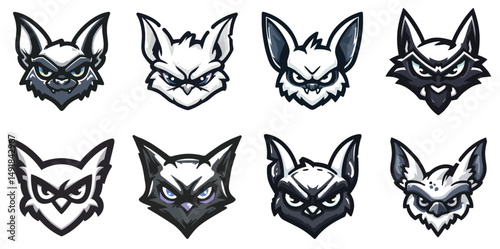 Fox and Lynx Mascot Head Logo Set with Pointed Ears and Sharp Gaze in Bold Vector Style ideal for stealthy game characters and nature branding