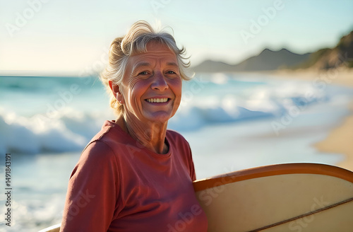 Elderly woman with a surfboard on the background of the ocean and waves. Woman surfs in old age. Concept of harmony in old age and an active lifestyle