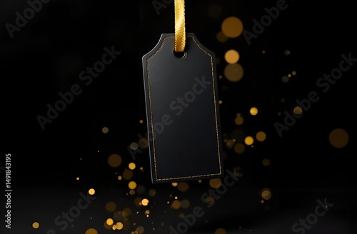 A stylish price tag with a gold ribbon and an empty space for text on a black background with gold sequins. The concept of the holiday sales and shopping season