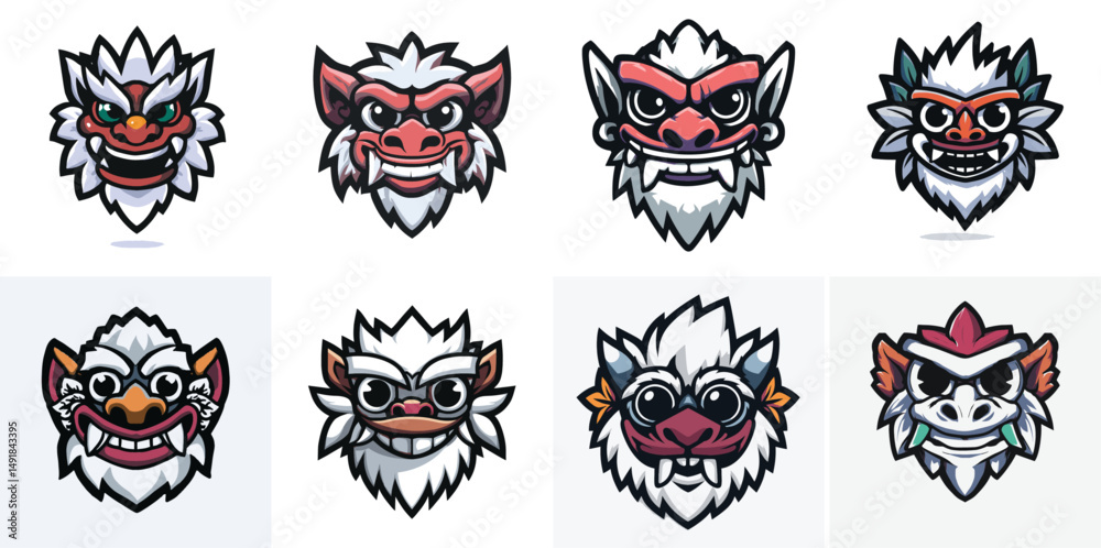 Obraz premium Animal Spirit Mask Mascot Head Logo Set with Cultural Patterns and Tribal Design in Bold Vector Style ideal for folklore branding and mystic identity