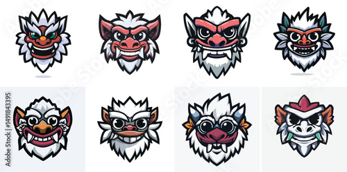 Animal Spirit Mask Mascot Head Logo Set with Cultural Patterns and Tribal Design in Bold Vector Style ideal for folklore branding and mystic identity