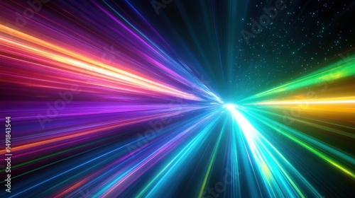 Vibrant multicolored light beams radiating from a bright central point with a dynamic starry background conveying motion and energy