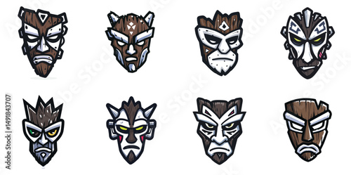 Warrior Mask Mascot Head Logo Set with Tribal Patterns and Mythical Faces in Bold Vector Style best for fantasy branding and cultural mascot identity