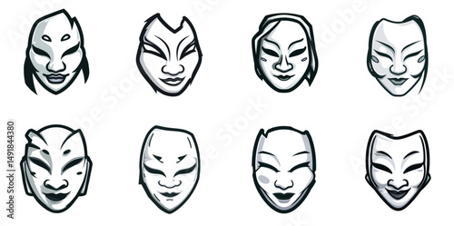 Asian Mask Mascot Head Logo Set with Stylized Faces and Expression Variants in Bold Vector Style ideal for mythology, theatre, and folklore branding