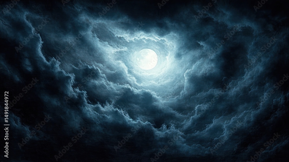 Fototapeta premium Bright full moon shining through swirling dark clouds in a night sky, creating a mysterious and dramatic atmosphere