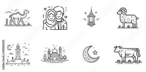 Eid Al-Adha Themed Line Icons with Mosque, Camel, and Crescent Moon in Elegant Vector Style perfect for Islamic celebration and religious content