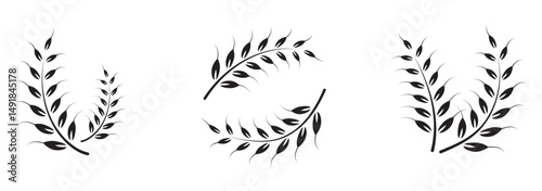 Wheat icons set. Wheat ear of various shapes, linear icon collection. Wheat wreaths and grain spikes set icons.