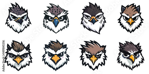 Eagle Mascot Head Logo Set with Fierce Eyes and Aggressive Expressions in Bold Vector Style perfect for esport branding and sports team identity