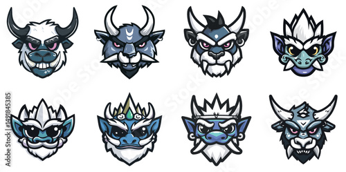 Ice Demon Mascot Head Logo Set with Spiky Armor and Frost Crown in Bold Vector Style perfect for fantasy games and icy villain branding